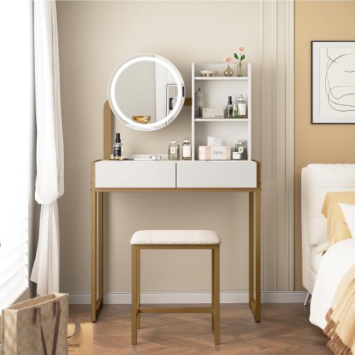 Small Vanity Desk with Mirror and Lights, Makeup Vanity Table with LED Mirror, 3 Lighting Modes, Power Outlet, Drawer, Open Shelves and Cushioned Stool for Bedroom (White and Gold) - Metal - Metal+Synthetic Wood+Mirror - 3-Light