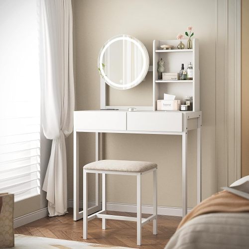 Small Vanity Desk with Mirror and Lights, Makeup Vanity Table with LED Mirror, 3 Lighting Modes, Power Outlet, Drawer, Open Shelves and Cushioned Stool for Bedroom (White) - Metal - Metal+Synthetic Wood+Mirror - 3-Light