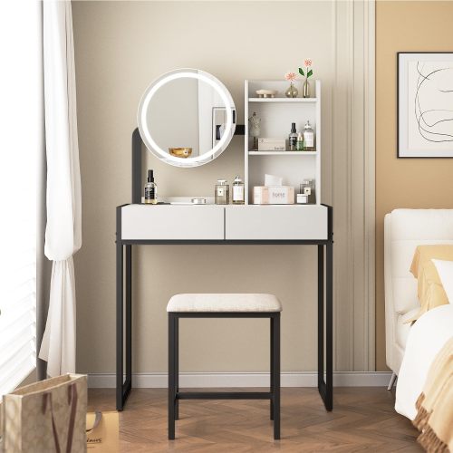 Small Vanity Desk with Mirror and Lights, Makeup Vanity Table with LED Mirror, 3 Lighting Modes, Power Outlet, Drawer, Open Shelves and Cushioned Stool for Bedroom (White and Black) - Metal - Metal+Synthetic Wood+Mirror - 3-Light