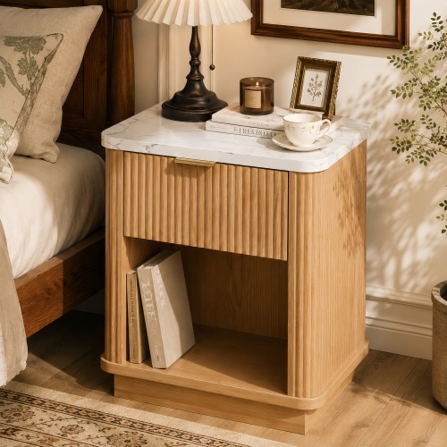 Natural Wood Finish Fluted Nightstand with Storage Drawer and Open Shelf, Faux Marble-Look Top, Gold-Tone Handle, Modern Bedside Table and End Table for Bedroom, Guest Room, Dorm and Living Room - Engineered Wood - Engineered Wood - Modern,Traditional - 1 Drawer - Drawers - Open Storage