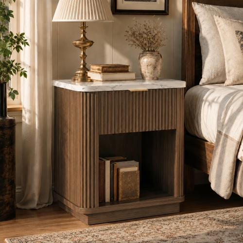 Walnut Finish Fluted Nightstand with Storage Drawer and Open Shelf, Faux Marble-Look Top, Gold-Tone Handle, Modern Bedside Table and End Table for Bedroom, Guest Room, Dorm and Living Room - Engineered Wood - Engineered Wood - Traditional - 1 Drawer - Drawers - Not Specified