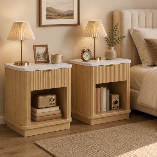 Nightstands Set of 2,Natural Wood Finish Fluted Nightstand with Storage Drawer and Open Shelf, Faux Marble-Look Top, Gold-Tone Handle, Modern Bedside Table and End Table for Bedroom, Guest Room, Dorm - Engineered Wood - Engineered Wood - Not Specified - 1 Drawer - Drawers - Not Specified