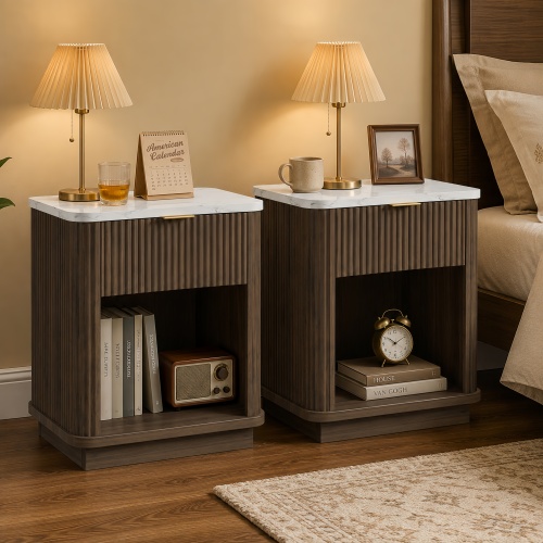 Nightstands Set of 2,Walnut Finish Fluted Nightstand with Storage Drawer and Open Shelf, Faux Marble-Look Top, Gold-Tone Handle, Modern Bedside Table and End Table for Bedroom, Guest Room, Dorm - Engineered Wood - Engineered Wood - Modern,Traditional - 1 Drawer - Drawers - Not Specified