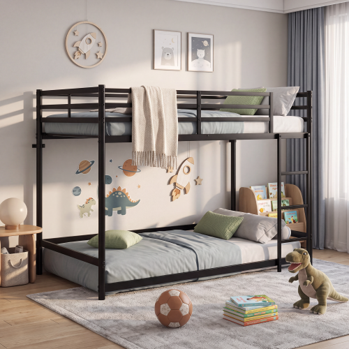 Twin Size Low Loft Bed, Kids Bunk Bed Twin Over Twin Frame, Low Metal Loft Bed, twin bunk beds, Guardrail, 3-Step Ladder, Space Saving for Kids and Teen, BLACK - Modern - Bathroom - Box Spring Not Required