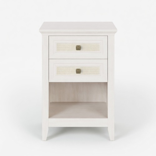 17.7" White Rattan Nightstand - Boho Bedside Table w/ 2 Drawers & Shelf - Metal & Wood - Engineered Wood - Metal & Wood