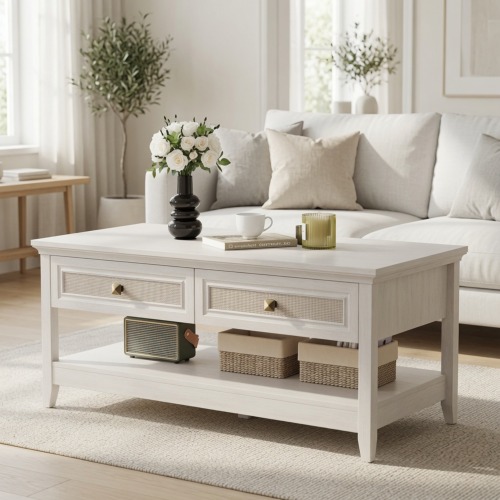 44" Wide Grayish White Boho Coffee Table with Rattan Drawers & Storage Shelf - Metal & Wood - Engineered Wood - Metal & Wood