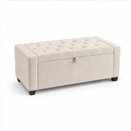 Storage Bench, End of Bed Storage Benches, Chenille Fabric Upholstered Ottoman Bench with Safety Hinge for Living Room Entryway Bedroom Hallway.Beige - Linen - Foam - Classic - Black - Rectangular - Flip Top