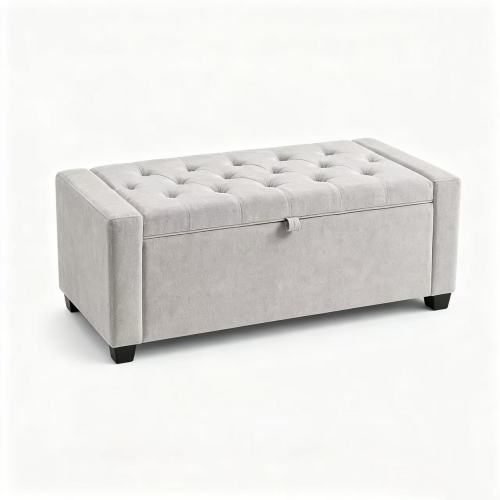 Storage Bench, End of Bed Storage Benches, Chenille Fabric Upholstered Ottoman Bench with Safety Hinge for Living Room Entryway Bedroom Hallway.Light Gray - Linen - Foam - Classic - Flip Top - Black - Rectangular