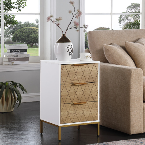 Nightstand with 3 Drawers, Mid-Century Modern End Table,Gold MetalFeet, Gold Metal Handles , Drawer Panels are Shaped by Cutting Lines,End Table for Bedroom,White and Natural - Particle Board - Not Specified - Not Specified