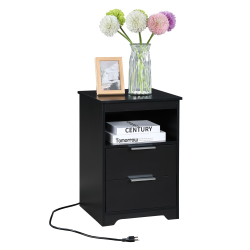 Nightstand with Charging Station,End Table with 2 Drawers,Wooden End Table with Drawer and Opening Shelf,Side Table for Bedroom, Black - 2 Drawers Black - Particle Board - Not Specified - Not Specified