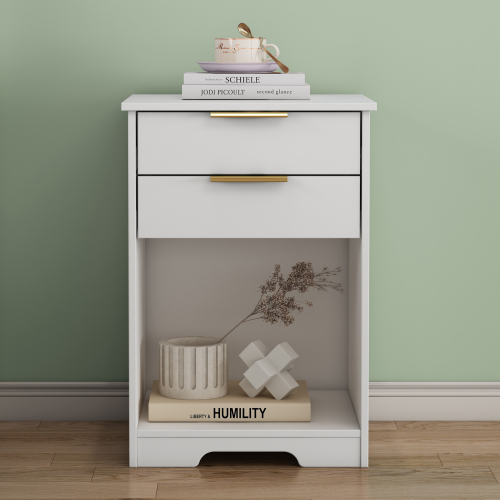 Nighstand With 2 Drawers,End Table,Nightstand with Open Space,Golden Handle,Morden Design,For Living Room,Bedroom,Easy Assemble,White - Particle Board - Not Specified