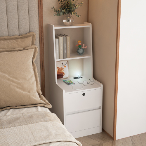 Nightstand with Charging Station, Smart Nightstand with Night Light, Modern Night Stand with Bookshelf, Bedside Tables with Storage Cabinet for Bedroom, White - MDF