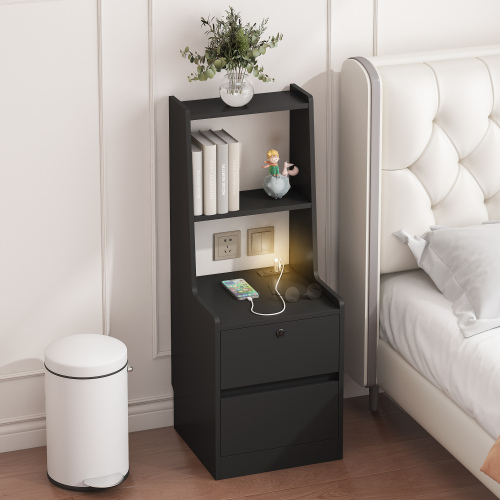 Nightstand with Charging Station, Smart Nightstand with Night Light, Modern Night Stand with Bookshelf, Bedside Tables with Storage Cabinet for Bedroom, Black - Particle Board