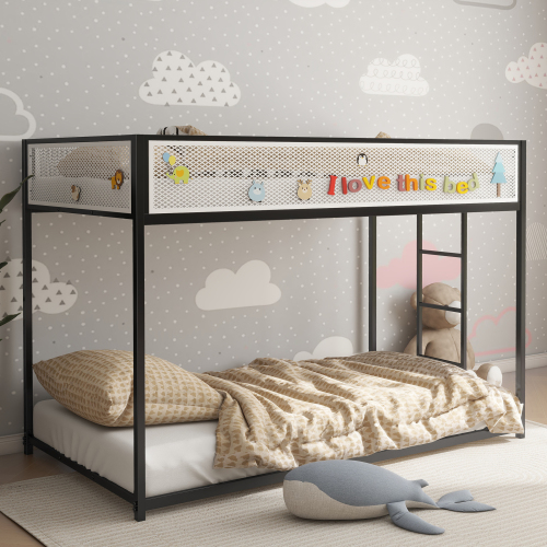 Adam Twin Over Twin Bunk Bed Metal Black with White Mesh Guard Rail for Kids and Adult, Low Profile and Easy Climbing with Stable Ladder - Bedroom - Box Spring Not Required