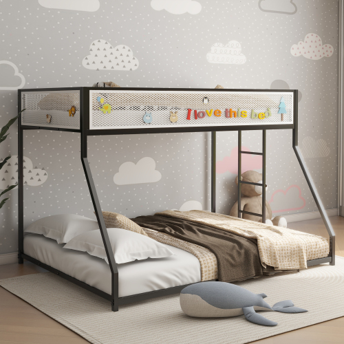 Adam Twin Over Full Bunk Bed Metal Black with White Mesh Guard Rail for Kids and Adult, Low Profile and Easy Climbing with Stable Ladder - Bedroom - Box Spring Not Required