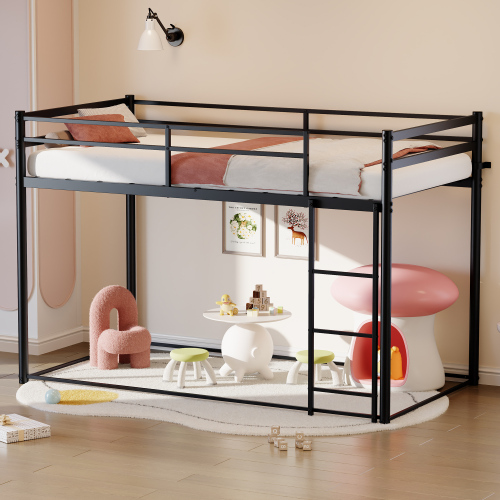 Twin Low Loft Bed for Kids & Teens, Heavy Duty Metal Frame with 36.3" Under-Bed Play Space, Cushioned Ladder, 10.9" Full Guardrail, 330 lbs Capacity, Box Spring Free, Black - Modern - Bathroom - Bunk - Box Spring Not Required