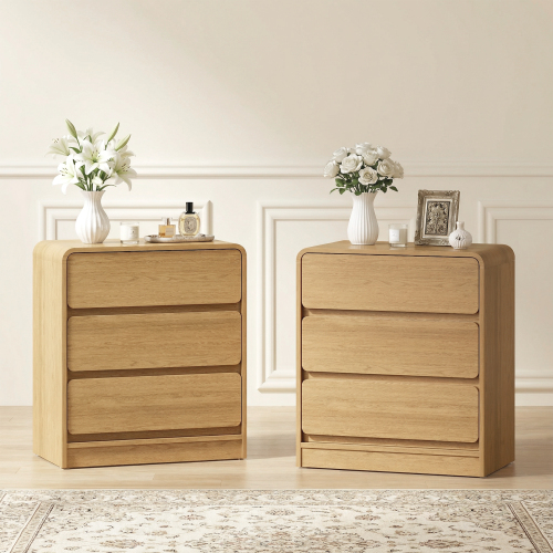 3-Drawer Nightstand Set of 2, Wooden Night Stand, Modern Cabinet for Living Room, Bedroom, Multi-Purpose Side Table, Easy Assembly, Anti-Tip Kit Included - Natural Wood - Particle Board+MDF - MDF - 3 Drawers - Bedside Cabinet - Lacquer - White