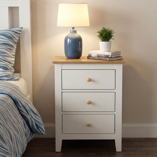 White Nightstand with 3 Drawers, Farmhouse Nightstand - Particle Board+MDF - Not Specified - Pedestal - Bedroom