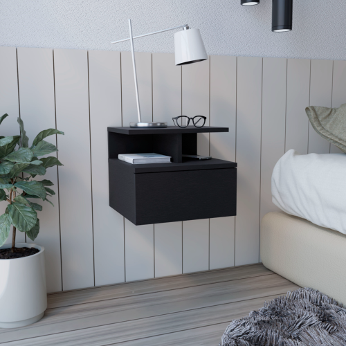 Adele Floating Nightstand , End Table, Side Table Drawer, Open Top Shelves -Black - Particle Board - Particle Board - Modern - 1 Drawer - Shelf - Bedroom - Not Specified - Not Specified - Not Specified - Not Specified