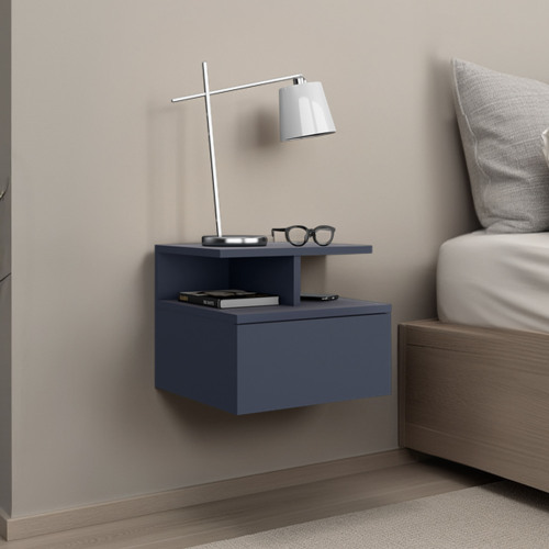 Adele Floating Nightstand, With One Drawer And Two Small Below Shelves For Storage or Decor - Blue - Particle Board - Not Specified - Modern - Not Specified - Not Specified - Not Specified - Bedroom - Not Specified - Not Specified - Not Specified - Not Specified