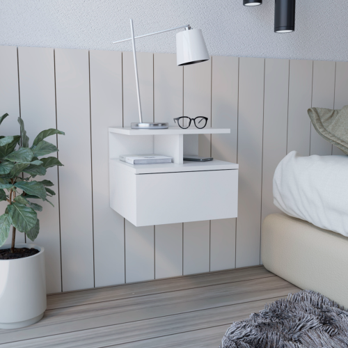 Adele Floating Nightstand , End Table, Side Table Drawer, Open Top Shelves -White - Particle Board - Particle Board - Modern - 1 Drawer - Shelf - Bedroom - Not Specified - Not Specified - Not Specified - Not Specified