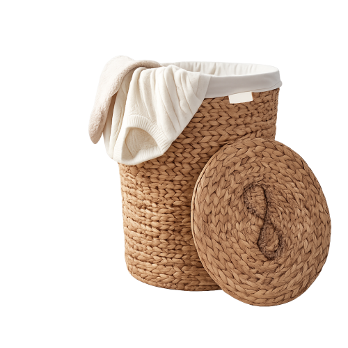 Ludmilla Round Tall Water Hyacinth Woven Wicker Laundry Hamper with Lid - For Clothes, Canvas, Toys and Book Storage with Removable Liner - 18" x 18" x 23" - Natural Brown - Light Brown - Not Specified - Not Specified