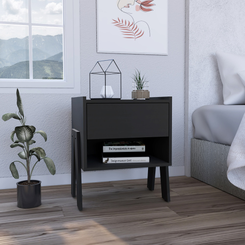 Joy Nightstand , End Table, Side Table Four Legs, One Open Shelf, One Drawer -Black - Particle Board - Particle Board