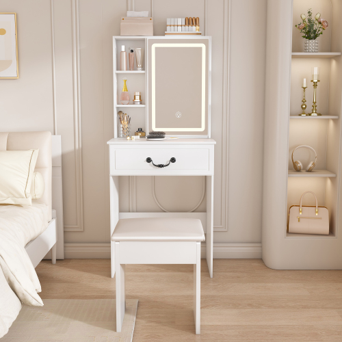 Modern Mini Dressing Table with LED-lit Mirror & Hidden Storage,Includes Padded Stool,Adjustable Brightness Vanity Desk,Multi-tier Dust-proof Shelves,White - MDF - MDF+glass - American Design,Modern,Vintage - 1 Drawer - Bedroom