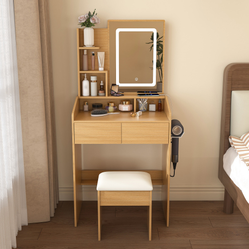 Vanity Table with LED-Illuminated Mirror, Power Outlet, Hairdryer Holder & Stool – Compact Dressing Desk for Small Bedrooms(Wood) - MDF - MDF+glass - American Design,Classic,Modern - 2 Drawers