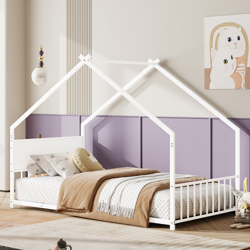 Twin Size House Bed with Roof and Colorful Lights, Metal Bed Frame with Slats and Legs, House Bed for Boy, Girls and Young Teens, No Box Spring Needed (White) - White(With Backrest) - Iron - Not Specified