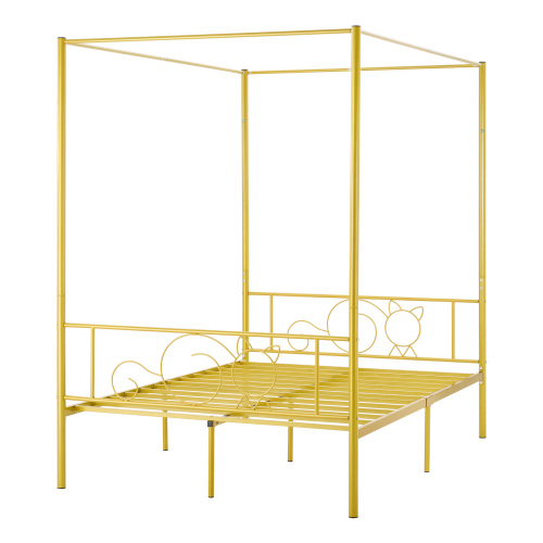 Full Size Canopy Bed Frame, Metal Canopy Bed with Minimalist Headboard & Four Posters Design, Heavy Duty Steel Slats Support, Underbed Storage Space, No Box Spring Needed, Easy Assembly, Gold