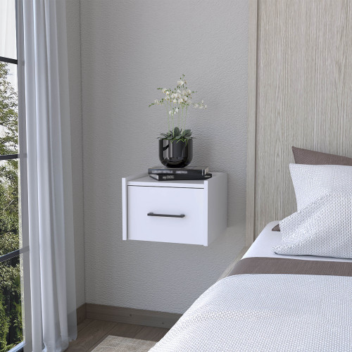 White Wall-Mounted Floating Nightstand - Wood - 1 Drawer - Space Saving - Bedroom
