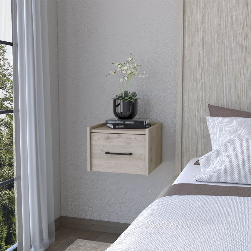 Light Gray Wall-Mounted Floating Nightstand - Wood - 1 Drawer - Space Saving - Bedroom - Not Specified