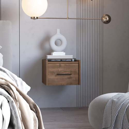 Dark Brown Wall-Mounted Floating Nightstand - Wood - 1 Drawer - Space Saving - Bedroom - Not Specified