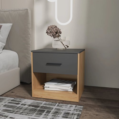 Natural Oak and Matt Grey Nightstand with 1-Drawer - Natural+Grey - Particle Board - 1 Drawer - Drawers - Drawer Storage - Primary Living Space - Nature