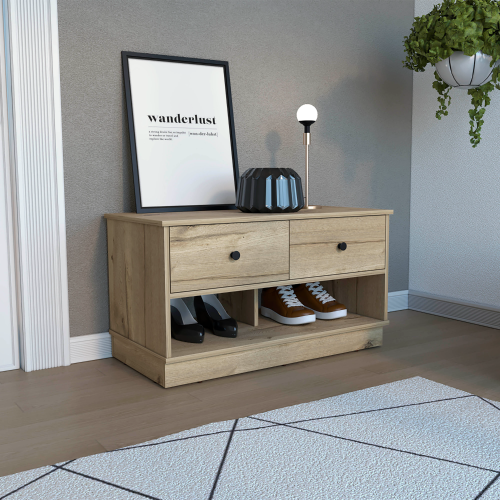 Uranus Storage Bench, Two Drawers, Two Open Shelves, Light Oak - Particle Board - Particle Board