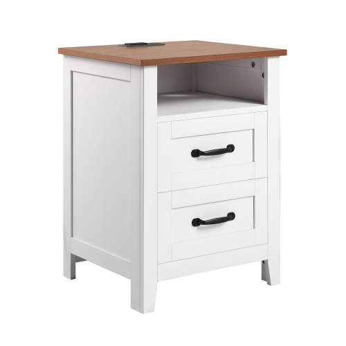 Farmhouse Nightstand, with Charging Station, End Table with 2 Drawers and Open Shelf, Bedside Storage Cabinet, Rustic Side Table with USB Port and AC Outlets, for Bedroom, Living Room, White - Particle Board