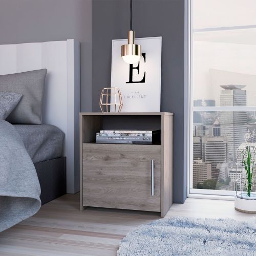 Nightstand, Single Door Cabinet, Metal Handle, One Shelf, Superior Top, Light Gray - Engineered Wood - Engineered Wood - Particle Board - Modern - Bedroom