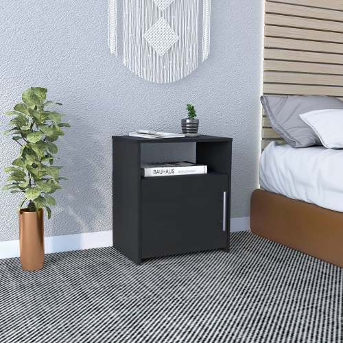 Nightstand, Single Door Cabinet, Metal Handle, One Shelf, Superior Top, Black - Engineered Wood - Engineered Wood - Particle Board - Modern - Bedroom