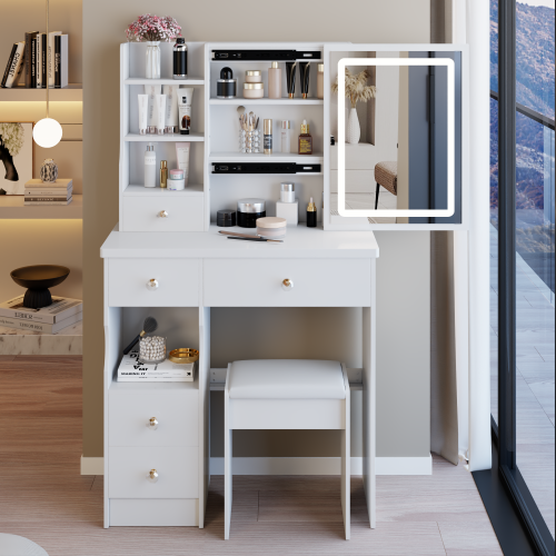 29.2" Small Size Left Drawer Desktop Vanity Table + Cushioned Stool, Large Sliding, Touch Control, Tri-color Switching, Brightness Adjust LED Mirror, High Capacity Storage, Suitable for Small Space - White - MDF - American Design