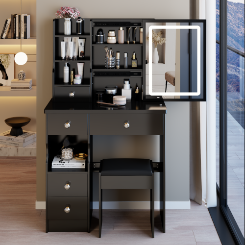 29.2" Small Size Left Drawer Desktop Vanity Table + Cushioned Stool, Large Sliding, Touch Control, Tri-color Switching, Brightness Adjust LED Mirror, High Capacity Storage, Suitable for Small Space - Black - MDF - American Design