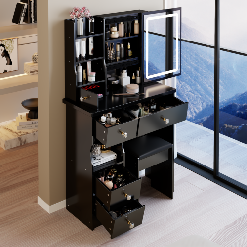 29.2" Small Size Desktop LED Light Vanity Table + Cushioned Stool, Large Sliding, Touch Control, Tri-color Switching, Brightness Adjust LED Mirror, High Capacity Storage, EPA, GCC, UL Certificate - Black - MDF - American Design