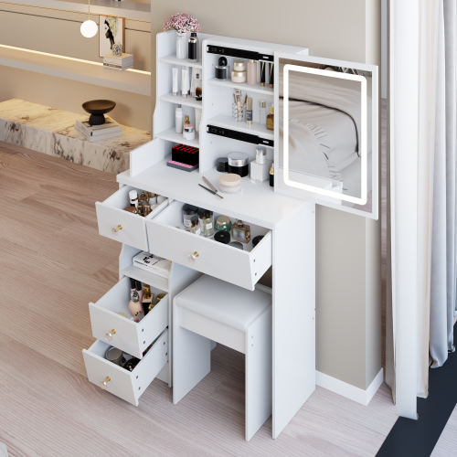 29.2" Small Size Left Drawer Desktop Vanity Table + Cushioned Stool, Large Sliding, Touch Control, Tri-color Switching, Brightness Adjust LED Mirror, High Capacity Storage, Suitable for Small Space - White - MDF - American Design