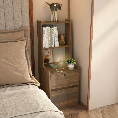 Nightstand with Charging Station, Smart Nightstand with Night Light, Modern Night Stand with Bookshelf, Bedside Tables with Storage Cabinet for Bedroom, Wood - Particle Board