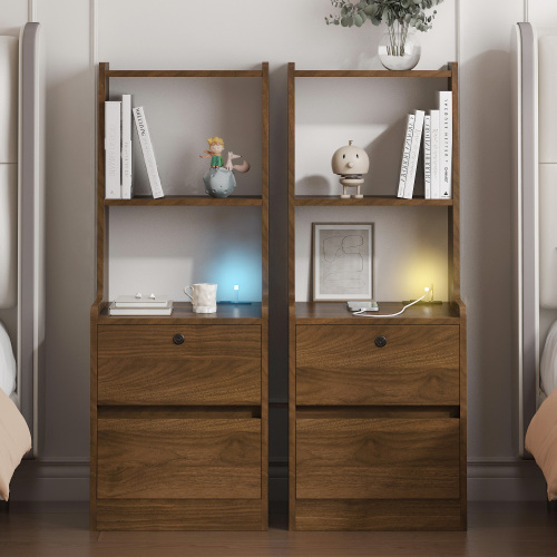 Nightstands Set of 2, with Charging Station, Smart Nightstand with Night Light, Modern Night Stand with Bookshelf, Bedside Tables with Storage Cabinet for Bedroom, Wood - Particle Board