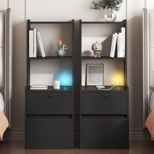 Nightstands Set of 2, with Charging Station, Smart Nightstand with Night Light, Modern Night Stand with Bookshelf, Bedside Tables with Storage Cabinet for Bedroom, Black - Particle Board