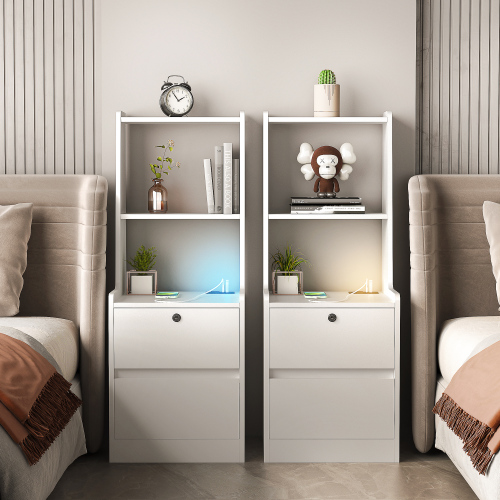 Nightstands Set of 2, with Charging Station, Smart Nightstand with Night Light, Modern Night Stand with Bookshelf, Bedside Tables with Storage Cabinet for Bedroom,White - Particle Board