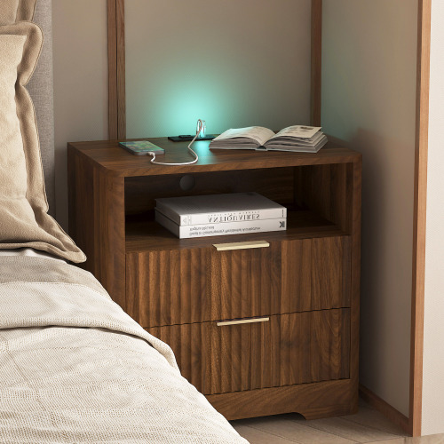 Nightstand with Charging Station, Smart Nightstand with Night Light,Bedside Tables with Storage Cabinet for Bedroom, Wood - Particle Board - Wood - Particle Board
