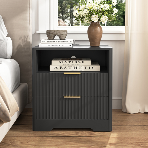 Nightstand with Charging Station, Smart Nightstand with Night Light,Bedside Tables with Storage Cabinet for Bedroom,Black - Particle Board