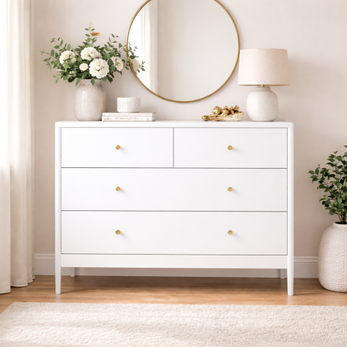 White 4-Drawer Kids Dresser, Wooden Storage Cabinet for Toddler Bedroom, Nursery, Closet, Baby Nightstand Organizer for Living Room or Apartment, 35.4" Wide - MDF - Modern